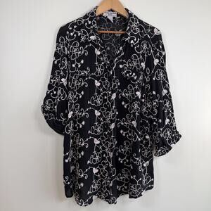 Lauren Michelle Top Womens 2X Black White Floral Embroidery Button Up Blouse